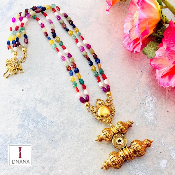 GOLD PLATED AMULET FUSION NAVARATNA STONES BEADED LONG NECKLACE