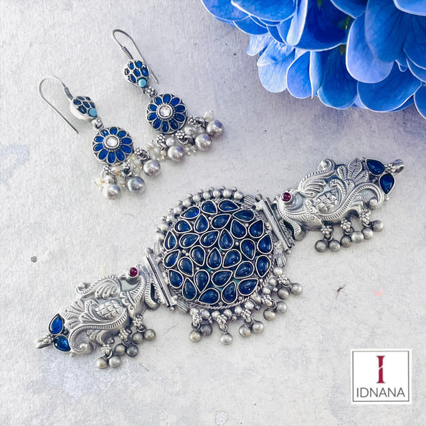 BLUE KEMP NAKASH PEACOCK CHOKER SET