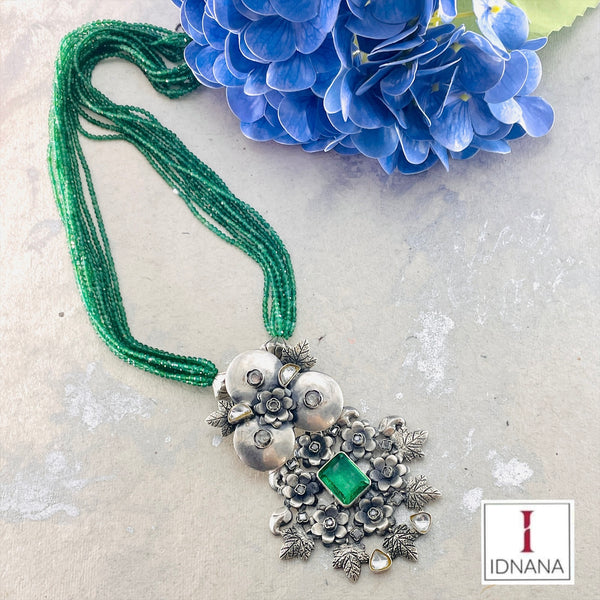 GREEN ONYX BEADED FLORAL MOTIF POLKI KUNDAN EMERALD DOUBLET LONG NECKLACE