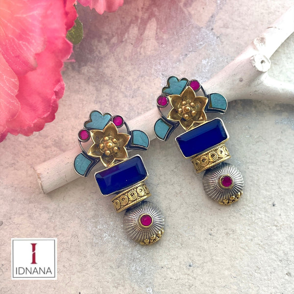 DUAL TONE TURQUOISE PINK KUNDAN BLUE QUARTZ FLORAL STUDS