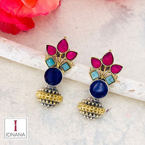 DUAL TONE BLUE IOLITE TURQUOISE PINK KUNDAN STUDS