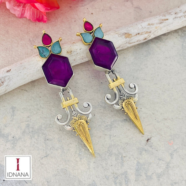 DUAL TONE PINK QUARTZ TURQUOISE AND PINK KUNDAN LONG STUDS