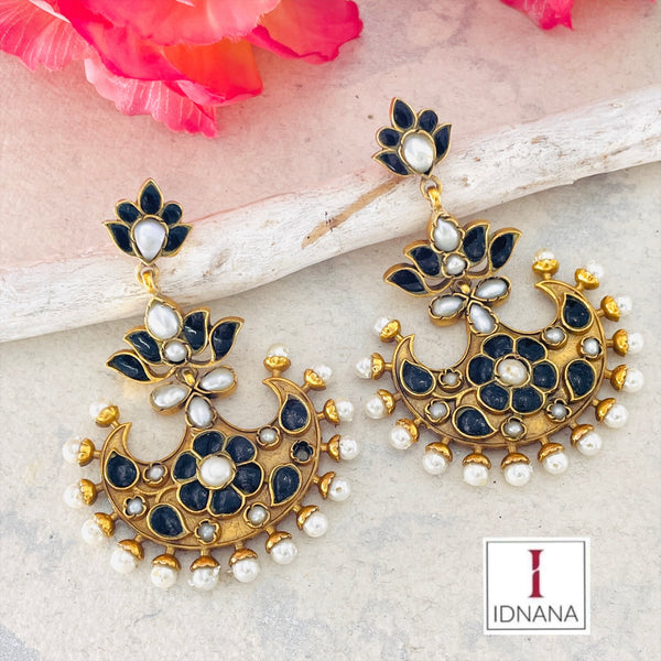 GOLD PLATED BLACK KUNDAN AND PEARL CHANDBALIS