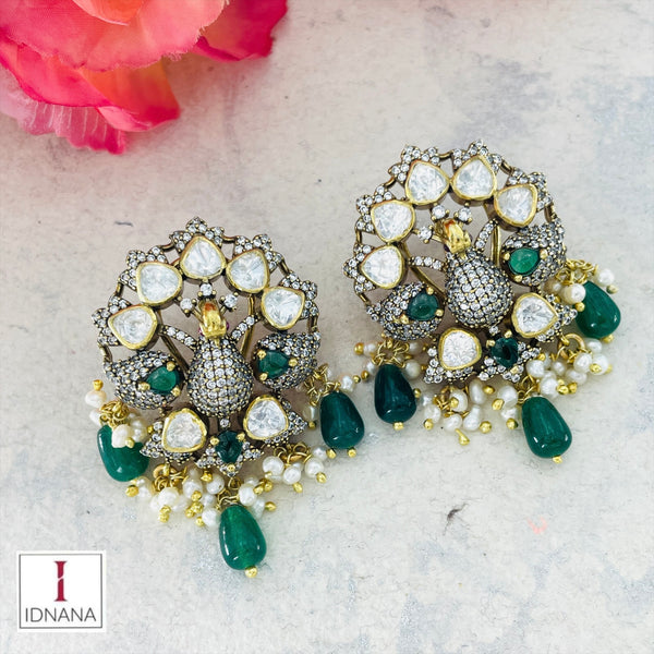 GOLD PLATED EMERALD MOISSANITE CZ GREEN ONYX PEARL DROP STATEMENT PEACOCK  EARRINGS