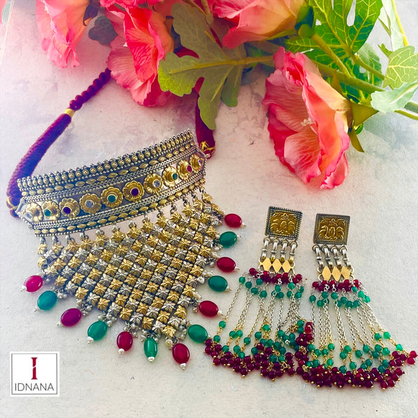 DUAL TONE RUBY EMERALD ZIRCONIA STUDDED RED ONYX GREEN ONYX DROP STATEMENT JHALAR CHOKER SET