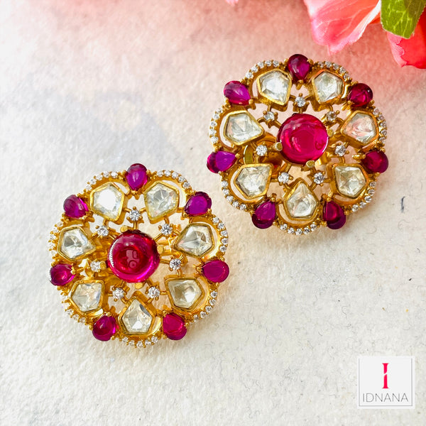GOLD PLATED RED KEMP CZ MOISSANITE STATEMENT STUDS