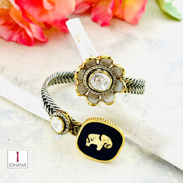 BLACK ENAMELLED FLORAL MOTHER OF PEARL MOISSANITE DUAL TONE HANDCUFF