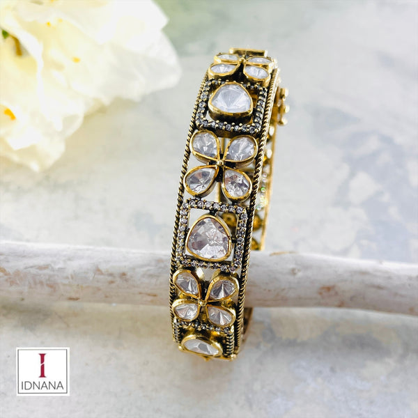 GOLD PLATED FLORAL DESIGN MOISSANITE CZ BANGLE OPENABLE SIZE 2.4