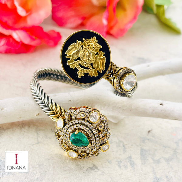 BLACK ENAMELLED FLORAL EMERALD MOISSANITE MOTIF DUAL TONE HANDCUFF