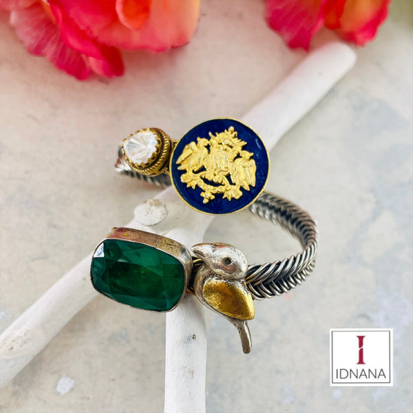 BLUE ENAMELLED EMERALD DOUBLET MOISSANITE BIRD MOTIF DUAL TONE HANDCUFF