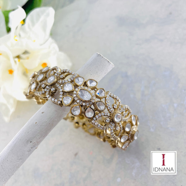 GOLD PLATED MOISSANITE CUBIC ZIRCONIA FLORAL BANGLE SIZE 2.4 OPENABLE