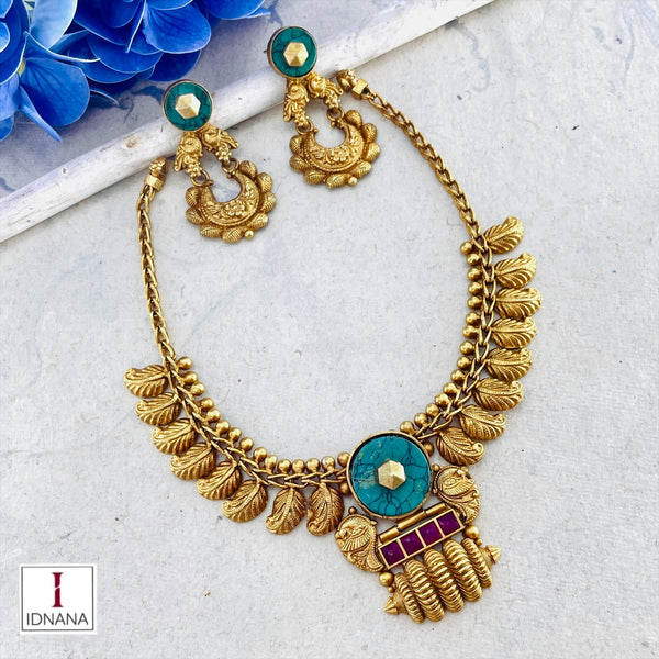 TURQUOISE RED KEMP GOLD PLATED PAISLEY MOTIF COLLAR NECKLACE SET