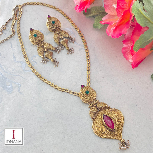 GOLD PLATED RED DOUBLET GREEN KEMP TWO NAKASH PEACOCK FLORAL LONG NECKLACE SET