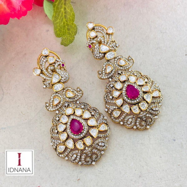 GOLD PLATED RUBY PINK MOISSANITE CZ PEACOCK STATEMENT EARRINGS
