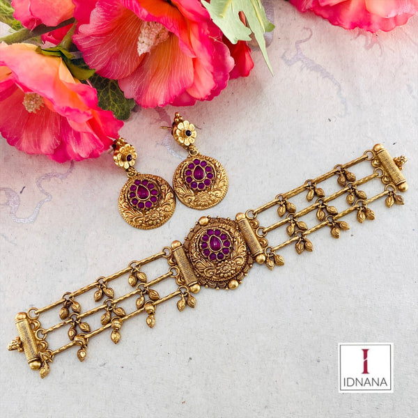 GOLD PLATED RED KEMP FLORAL CHOKER SET