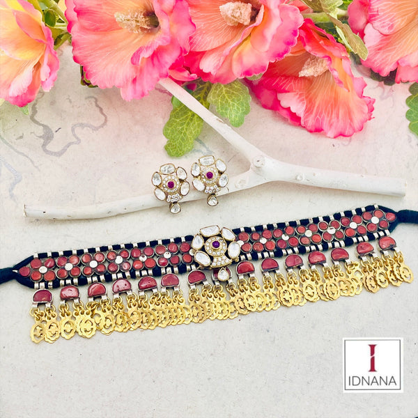 CORAL (TIBETAN) DUAL TONE MOISSANITE CHOKER SET