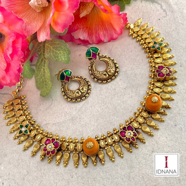 CORAL KUNDAN PINK GREEN FLORAL KUNDAN GOLD PLATED COLLAR NECKLACE SET