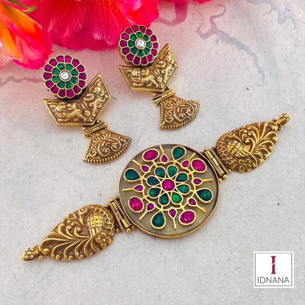 CHALCEDONY INLAY KUNDAN NAKASH PEACOCK GOLD PLATED CHOKER SET