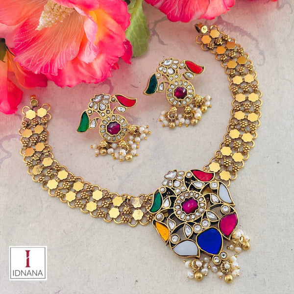 GOLD PLATED NAVARATNA KUNDAN COLLAR NECKLACE SET