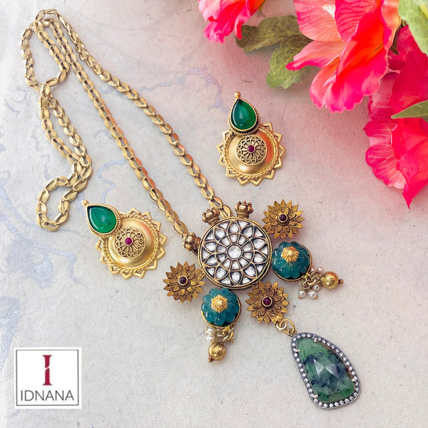 GREEN SAPPHIRE DROP EMERALD PUMPKIN WHITE KUNDAN FLORAL MOTIF GOLD PLATED LONG NECKLACE SET