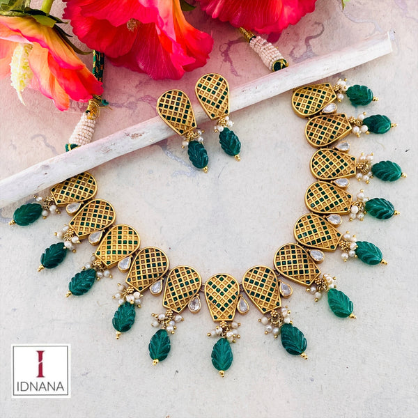 CARVED EMERALD DROP GOLD PLATED GREEN MEENAKARI KUNDAN COLLAR NECKLACE SET
