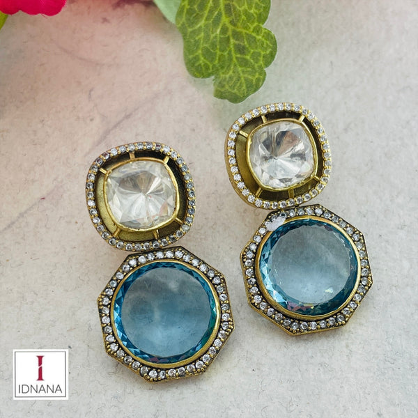 ICE BLUE CRYSTAL MOISSANITE CZ GOLD PLATED EARRINGS