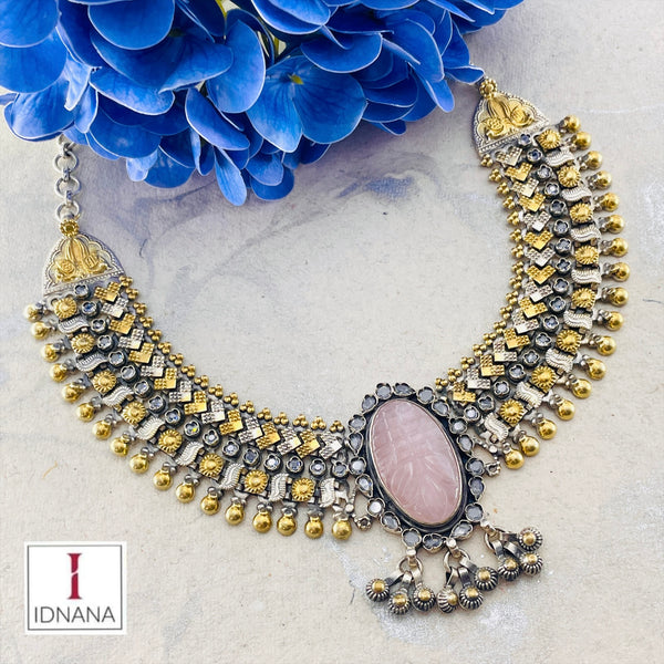 CARVED ROSE QUARTZ KUNDAN STUDDED STATEMENT COLLAR NECKLACE