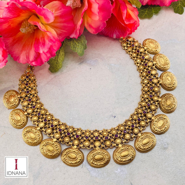 GOLD PLATED RUBY STUDDED STATEMENT COLLAR NECKLACE