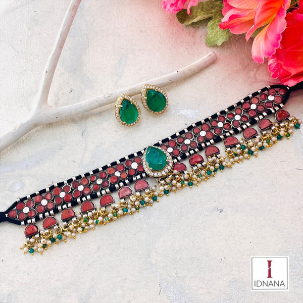 CORAL (TIBETAN) DUAL TONE EMERALD DOUBLET CZ CHOKER SET