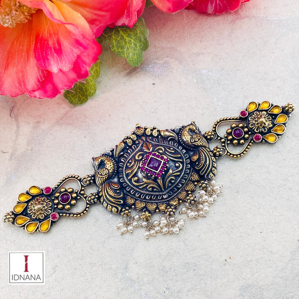 DUAL TONE RED KEMP YELLOW KUNDAN NAKASH PEACOCK PEARL DROP CHOKER