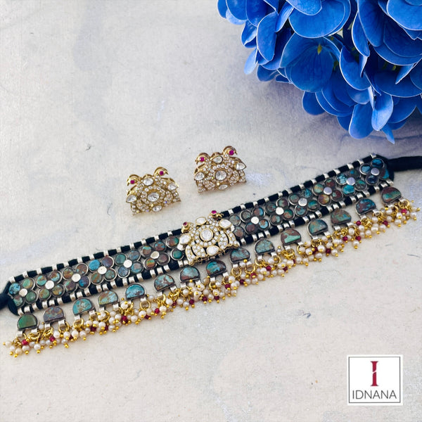 CARVED RED ONYX PEARL DROP MOISSANITE CHOKER SET