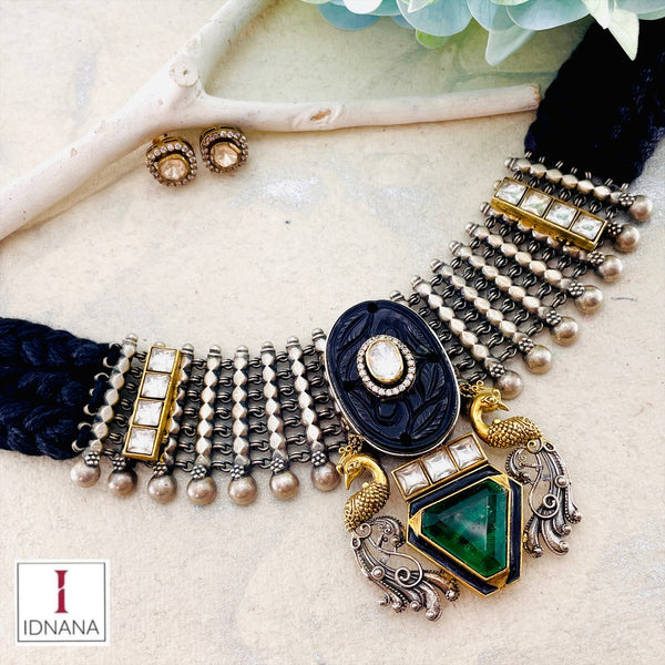 BLACK ONYX INLAY KUNDAN EMERALD DOUBLET PEACOCK MOTIF MOISSANITE BLACK THREADED CHOKER SET