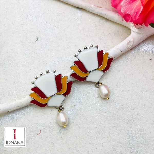 WHITE RED ORANGE MEENAKARI PEARL DROP STUDS