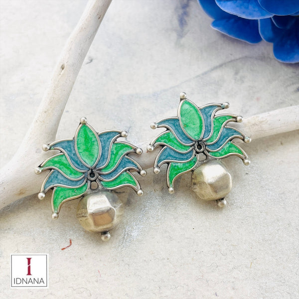 BLUE GREEN MEENAKARI FLORAL STUDS