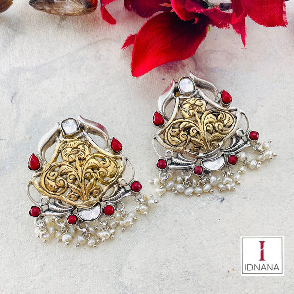 DUAL TONE WHITE KUNDAN CORAL CHITAI PEARL STUDS