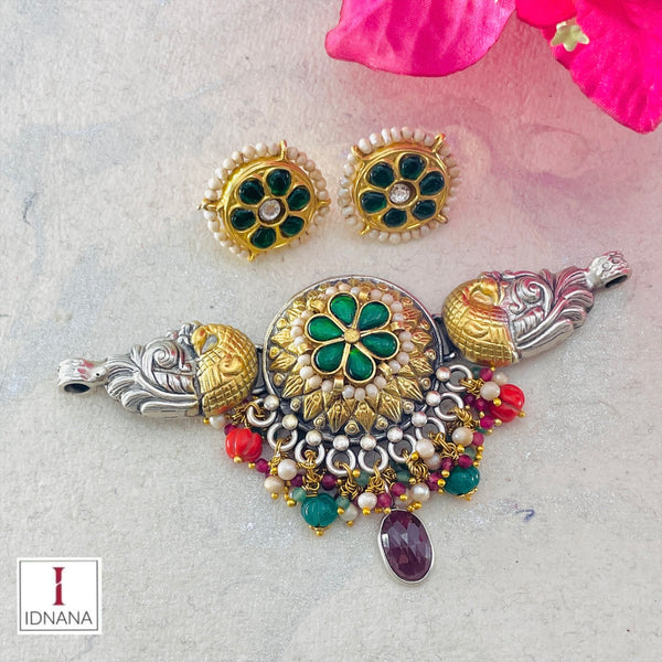 DUAL TONE NAKASH PEACOCK MOTIF GREEN KUNDAN MULTI STONE DROP CHOKER SET