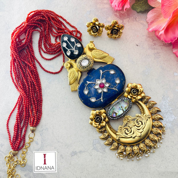CORAL BEADED GOLD PLATED LAPIS LAZULI AND BLACK ONYX INLAY KUNDAN ABALONE SHELL PARROT AND ROSE MOTIF LONG NECKLACE SET