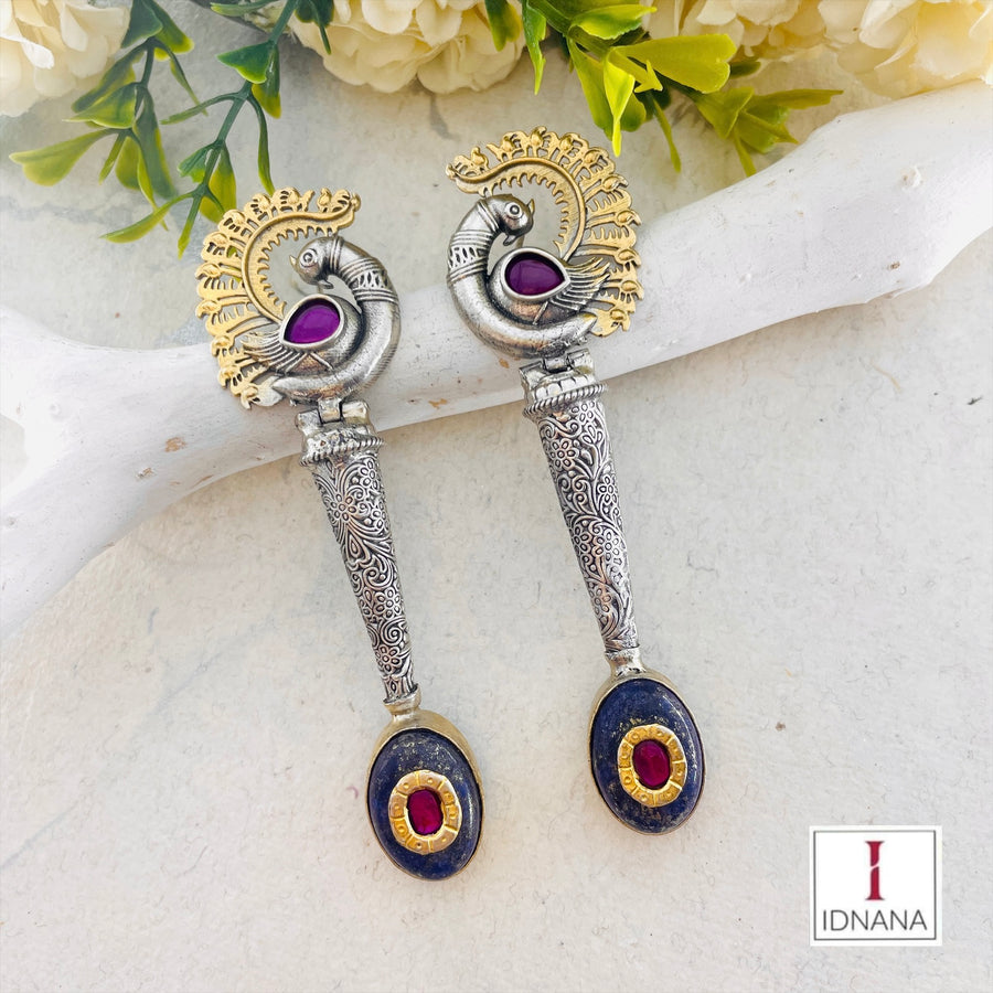 DUAL TONE LAPIS INLAY KUNDAN PEACOCK LONG EARRINGS