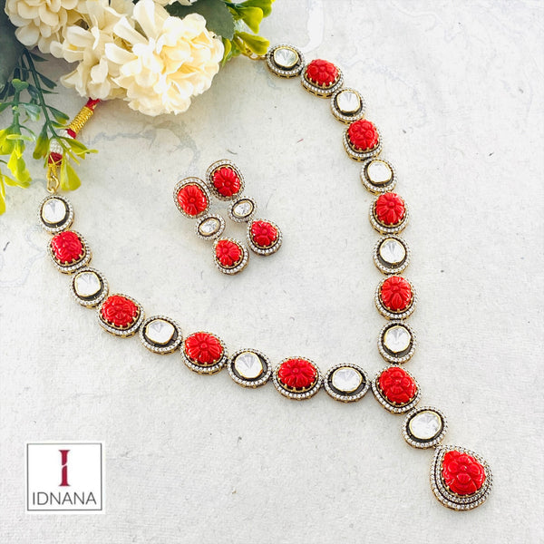 CARVED ITALIAN CORAL MOISSANITE GOLD PLATED MEDIUM LENGTH NECKLACE SET