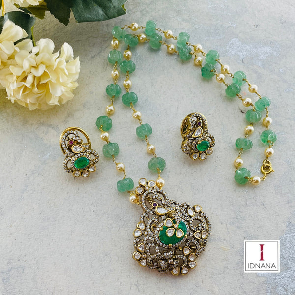 GOLD PLATED CARVED AVENTURINE PUMPKIN AND PEARL BEADED EMERALD MOISSANITE CZ BIRD MOTIF FLORAL LONG NECKLACE SET