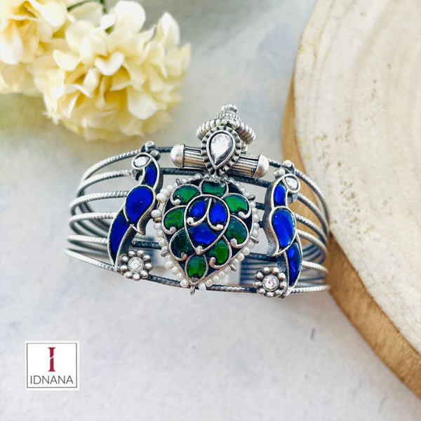 GREEN ROYAL BLUE KUNDAN PEACOCK MOTIF HANDCUFF FREE SIZE