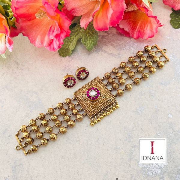 BALL CHAIN BEADED PINK AND WHITE KUNDAN GOLD PLATED CHOKER SET