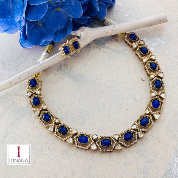GOLD PLATED LAPIS LAZULI MOISSANITE CZ STATEMENT COLLAR NECKLACE SET