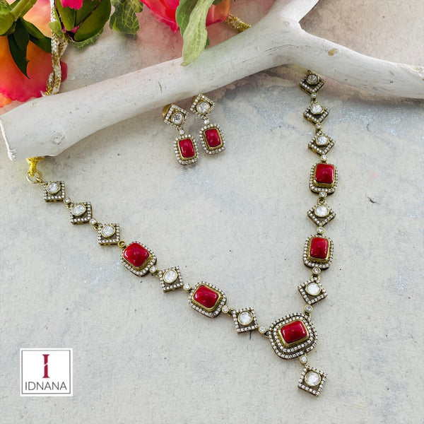 CORAL CZ GOLD PLATED MOISSANITE COLLAR NECKLACE SET