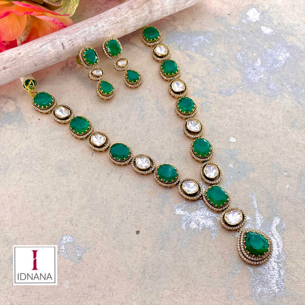 EMERALD DOUBLET MOISSANITE CZ GOLD PLATED NECKLACE SET