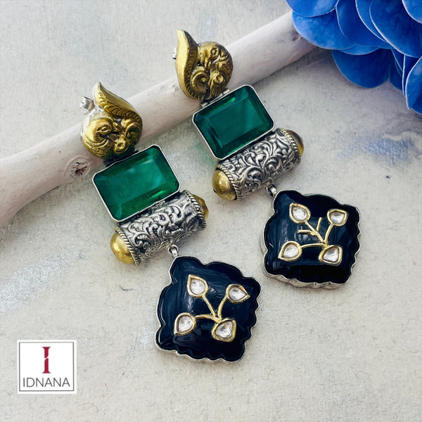 BLACK ONYX INLAY KUNDAN EMERALD DOUBLET NAKASH PEACOCK EARRINGS