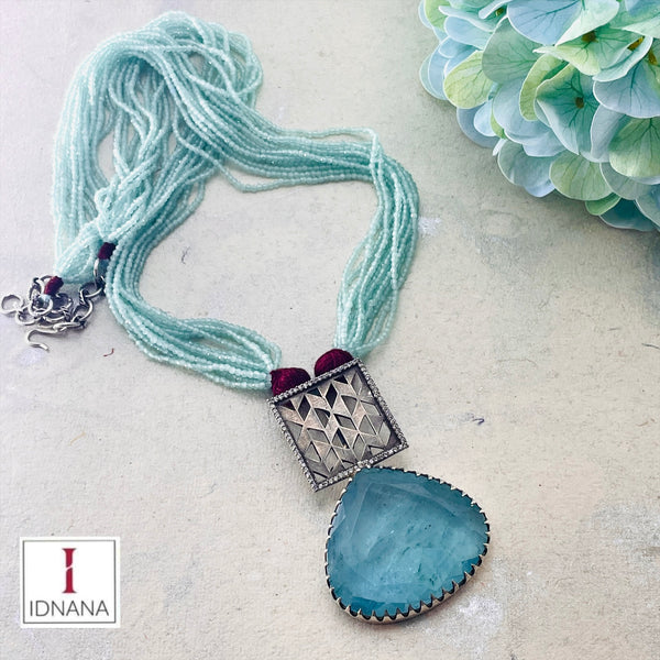 AQUAMARINE BEADED BLUE QUARTZ MARCASITE STATEMENT BEADED NECKLACE