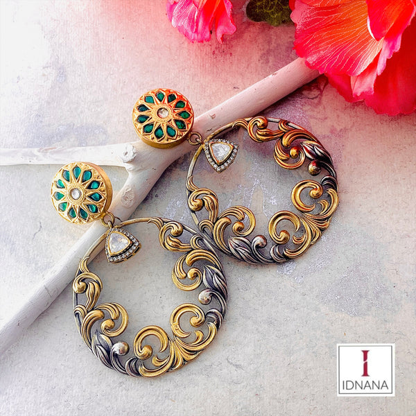 GREEN KUNDAN DUAL TONE MOISSANITE STATEMENT HOOPS