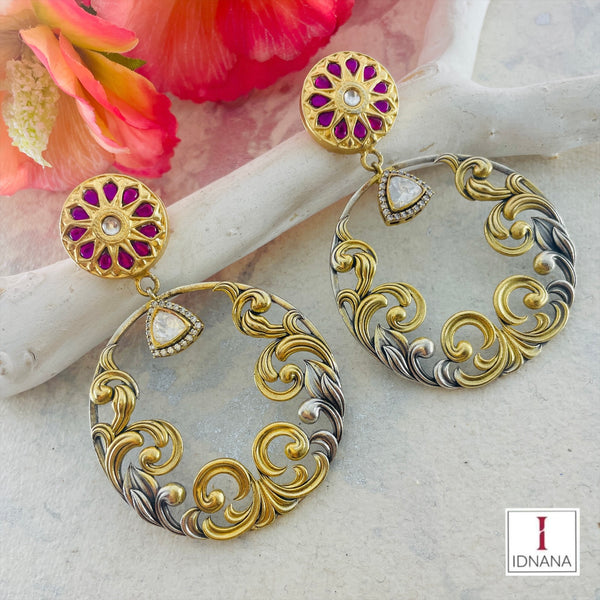 DUAL TONE PINK KUNDAN MOISSANITE  FLORAL STATEMENT HOOPS