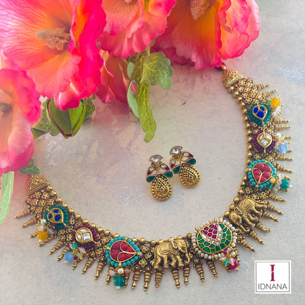 GOLD PLATED MULTI COLOURED KUNDAN ELEPHANT MOTIF FUSION STATEMENT NECKLACE SET